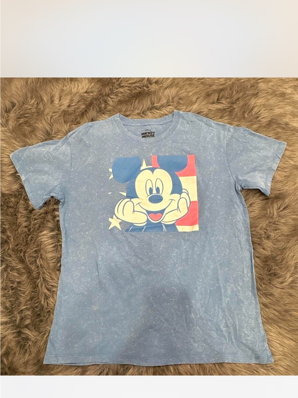 Disney Light Blue Mickey Mouse Graphic Tee with Red & Yellow Accents